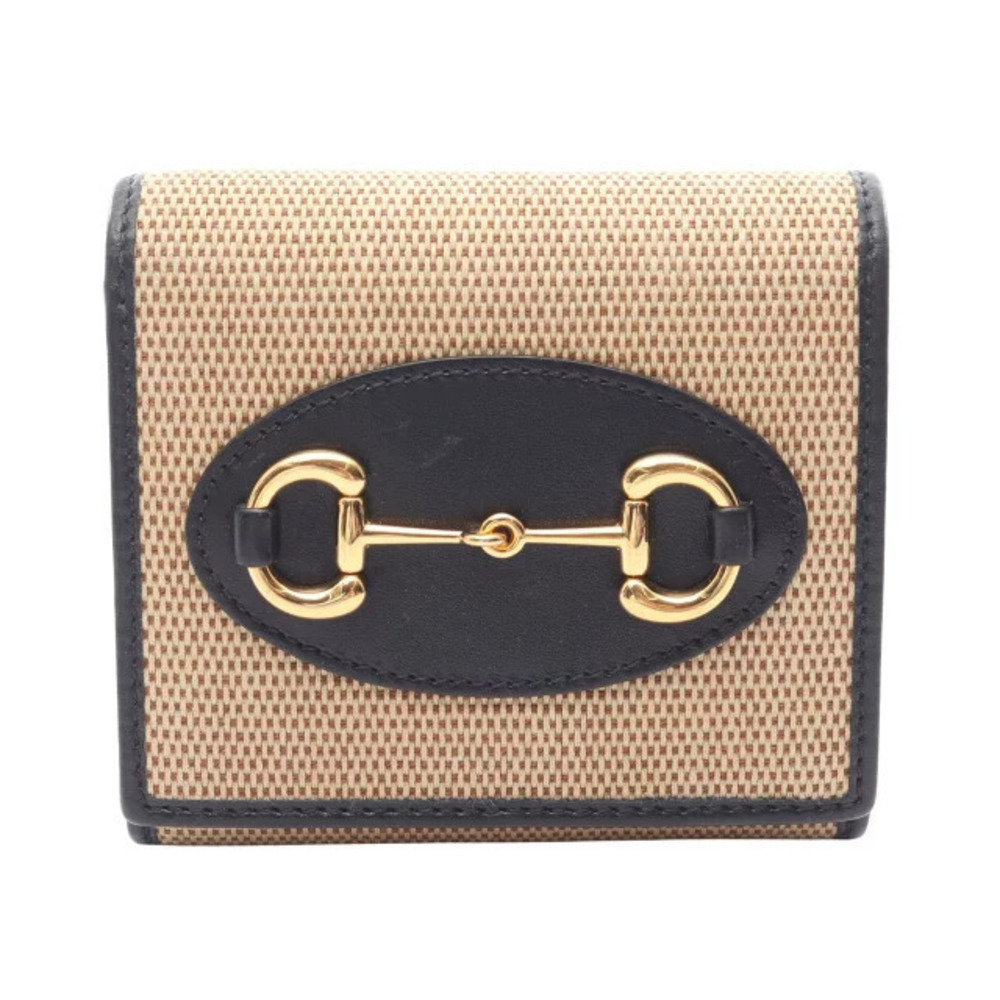 Gucci Horsebit Bi fold Wallet Canvas Leather Beige Cream Navy Blue